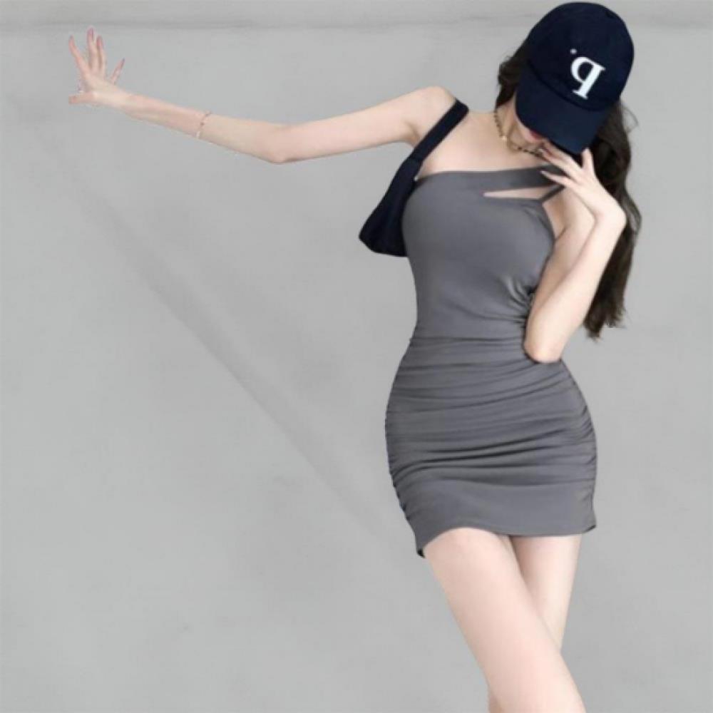 New Arrivals Open Run Women Slim Fit Shirring Sleeveless Mini Dress Diagonal Sl