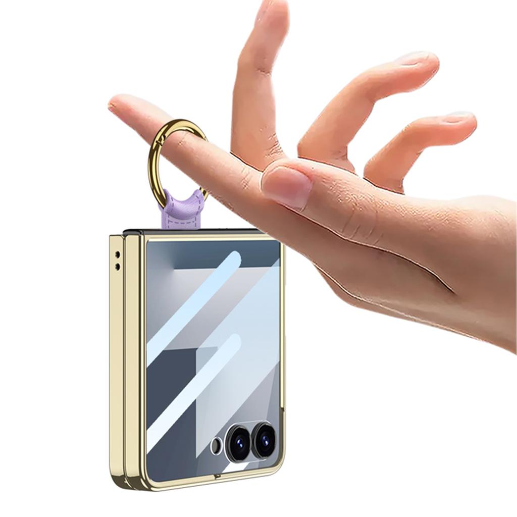 Luxury Diamond Leather Ring Holder Case for Samsung Galaxy Z Flip 7 6 5 Screen Glass Plating Edge Cover for Galaxy Z Flip7 Case