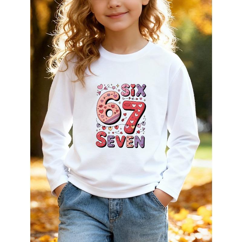 Kids Unisex Pink Crewneck Sweatshirt, Cute Heart Arrow Cartoon 67 Six Seven Print Long Sleeve Pullover, Soft Fleece Sweatshirts for Boys Girls Ages 4+