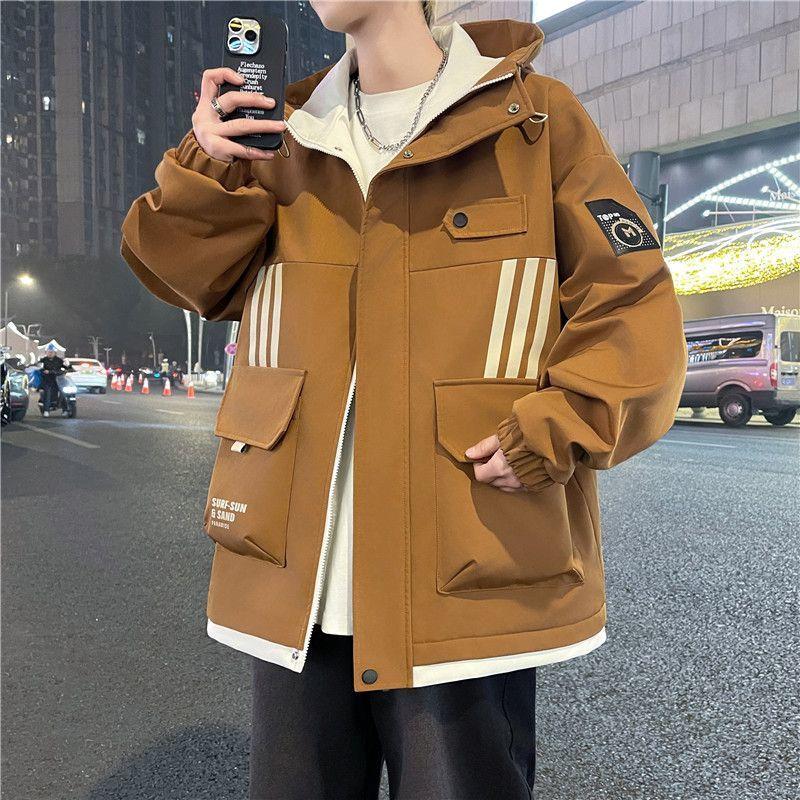 Spring and Autumn Jackets Boys Hong Kong Style Hooded Loose Jackets Teenagers Trendy Handsome Versatile Work Clothes Tops