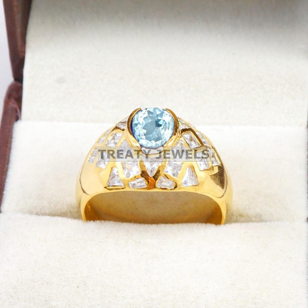 Aquamarine Oval Cut With 925 Sterling Silver Gold Plated Ring For Men's #A765 JL375659115888