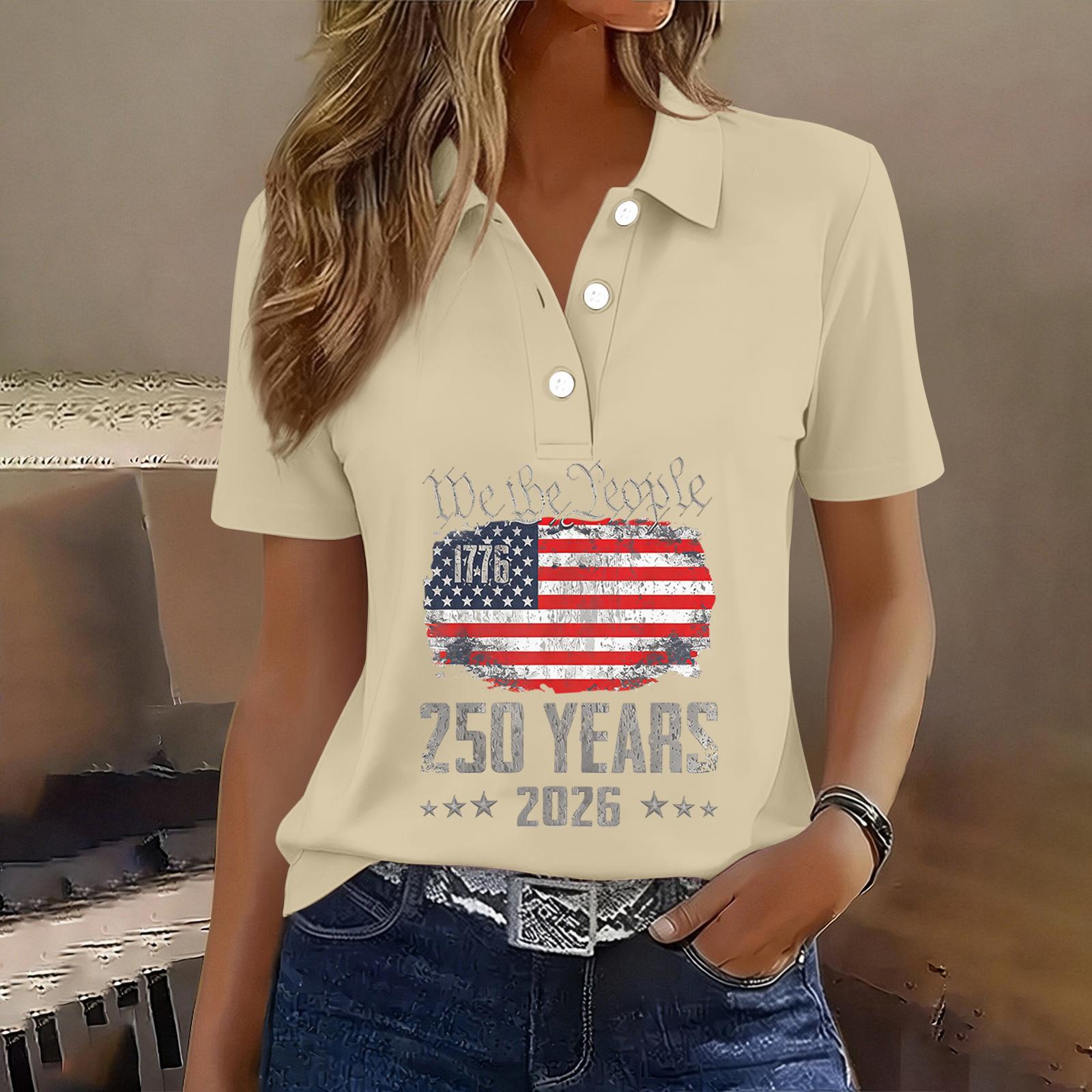 

Women s Casual Button Front Short Sleeve T-Shirt with Independence Day Print Lightweight Comfortable Fit Summer Top L бежевый