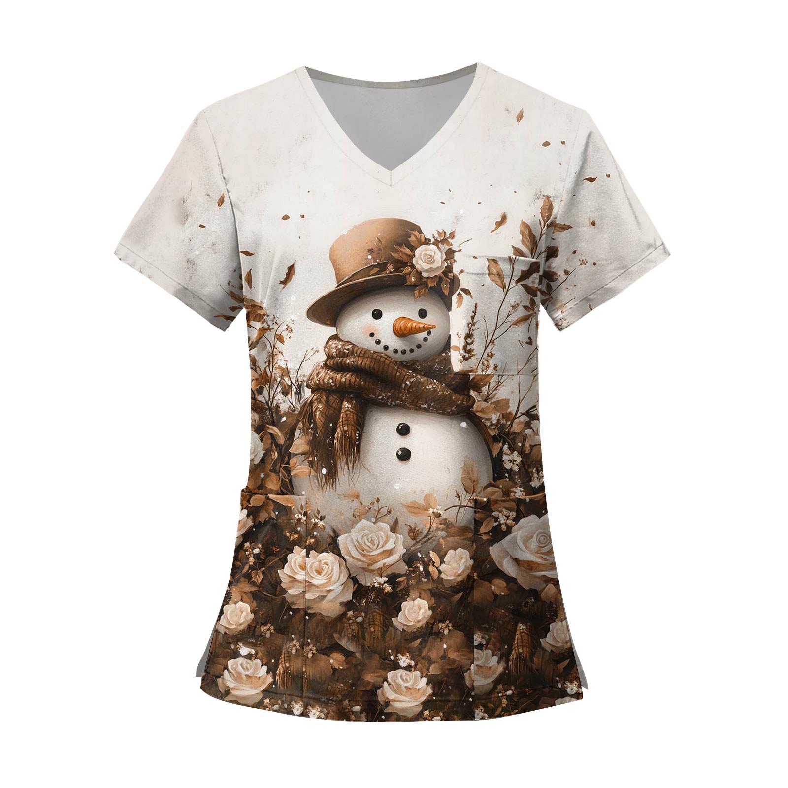 

Женские модные топы с короткими рукавами и V-образным вырезом с принтом, рабочие футболки с карманами S коричневый