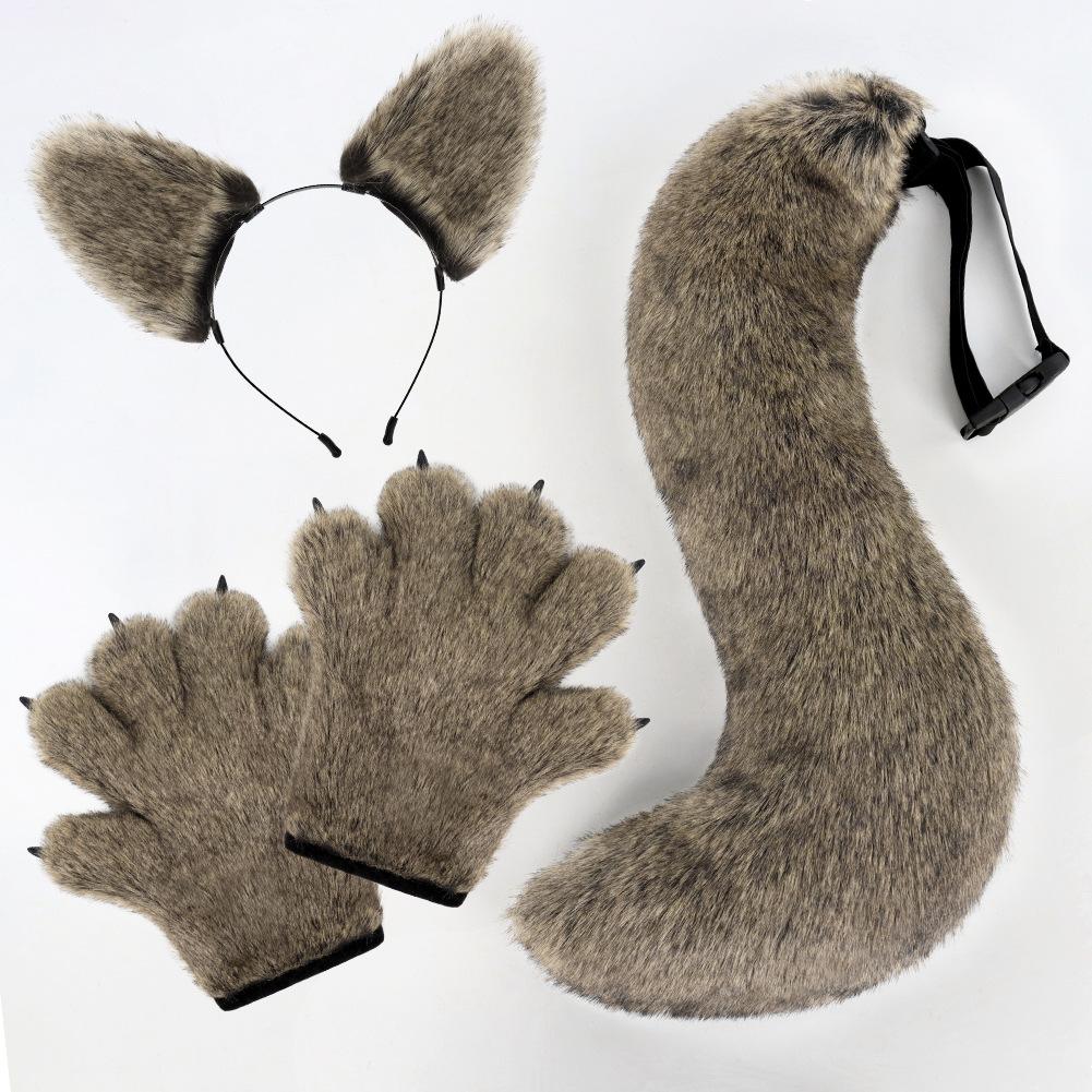 

New Wolf Claw Gloves Halloween Plush Wolf Ear Simulation Tail Beast Tail Thermal Gloves Cosplay Props
