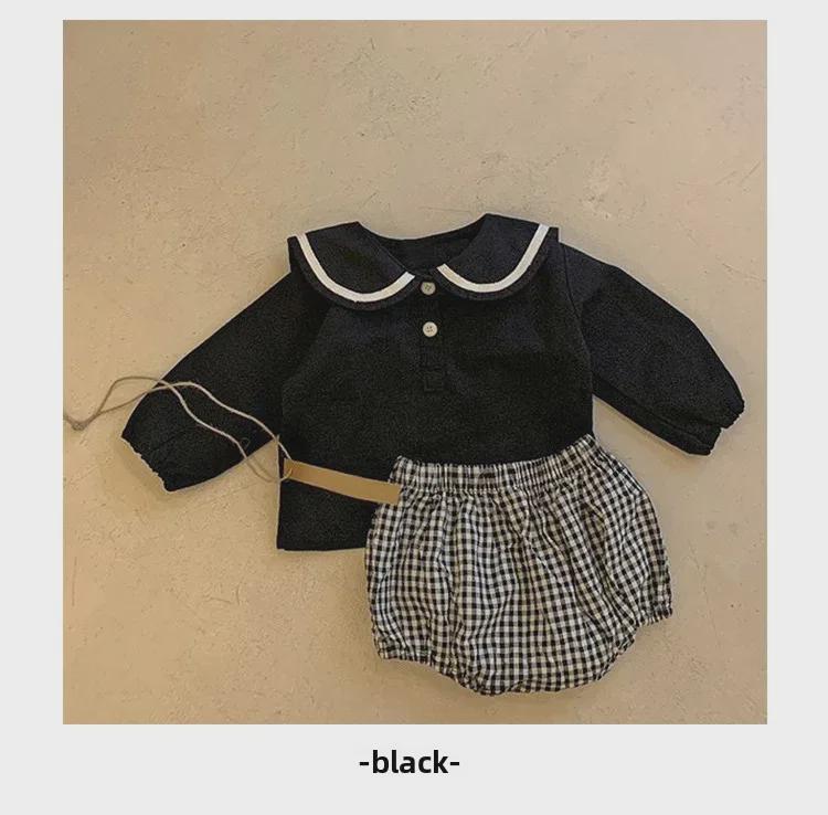 2024 Autumn Korean Navy Plaid Top & Shorts Set for Boys and Girls