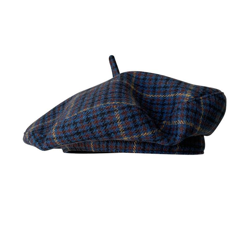 Women's Wool Blend Beret Hat Asian & British Style Vintage Check Pattern Versatile Painter Cap (UFO Hat Design)