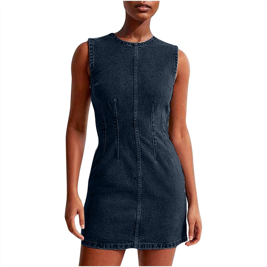 Sleeveless Denim Dress with Zip Front Detail in Multiple Colors - Blue, Black, Navy, White