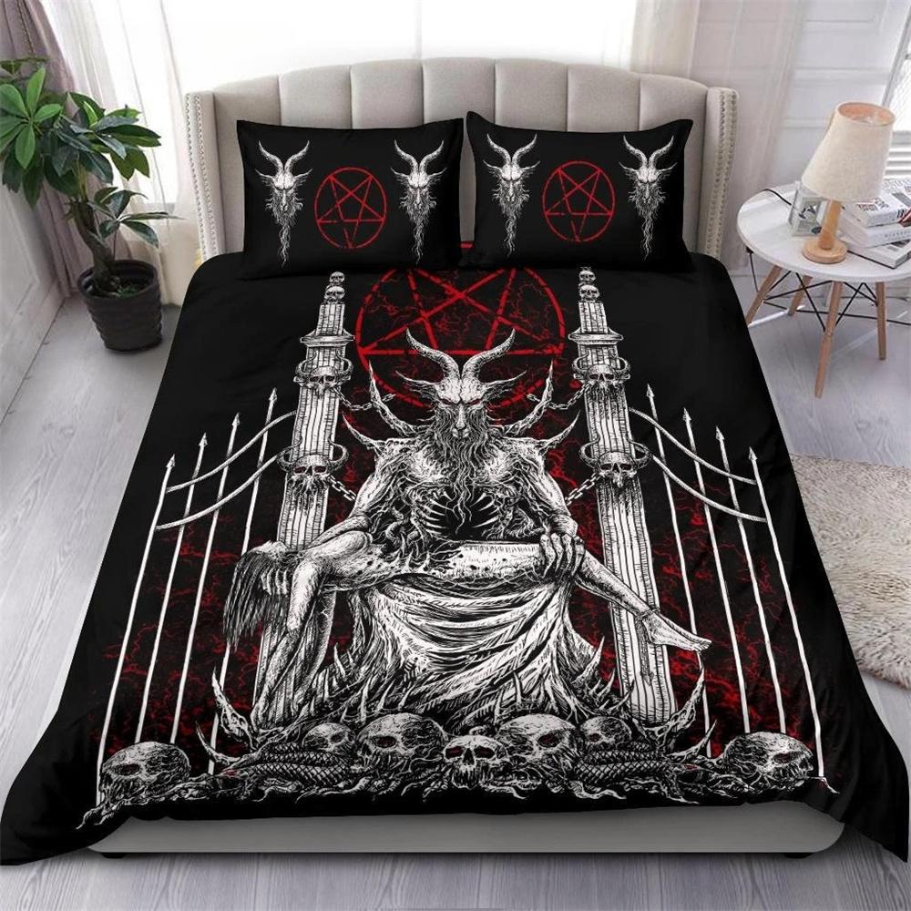 Skull Skeleton Satanic Goat Skull Duvet Cover Set Trophy Demon Breed Bedding Sets Night Blue Pink Satanic Baphomet Quilt Cover
