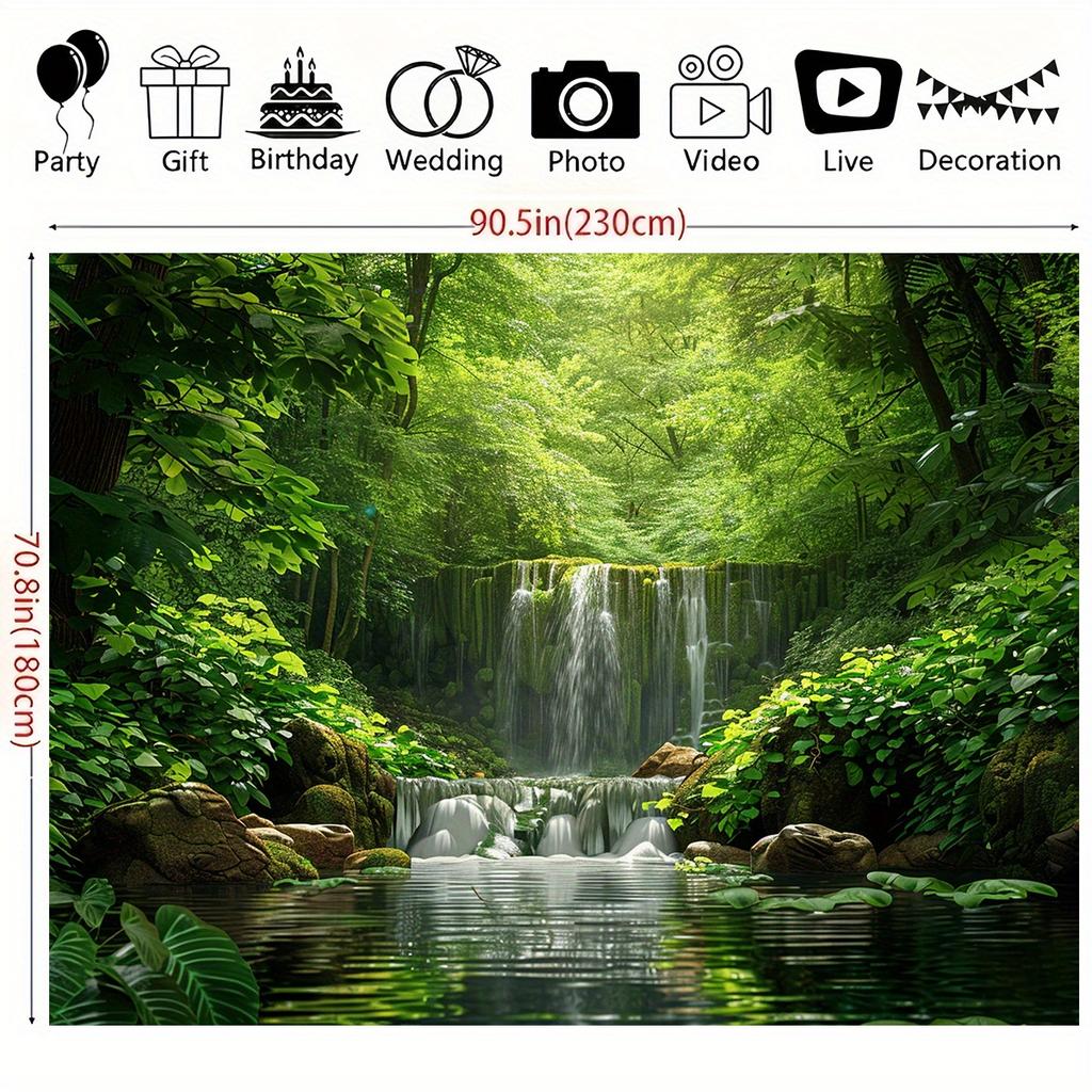 2D planar banner, 1 piece of lush green forest waterfall scenery background fabric - dreamy photography background