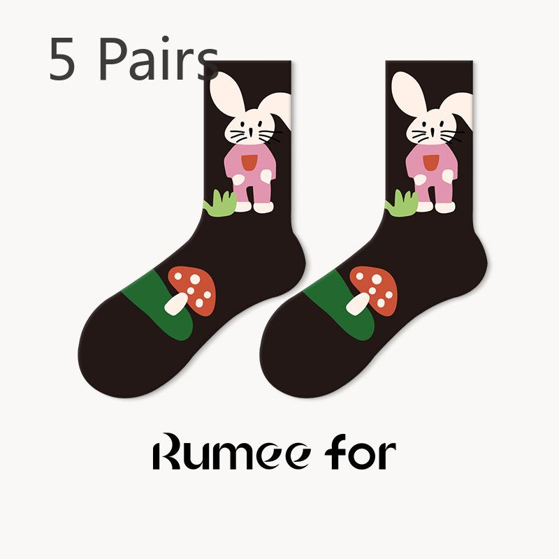5 Pairs of Female Spring Cartoon Non Slip Sweat Absorption Leisure Lovely Tube Socks