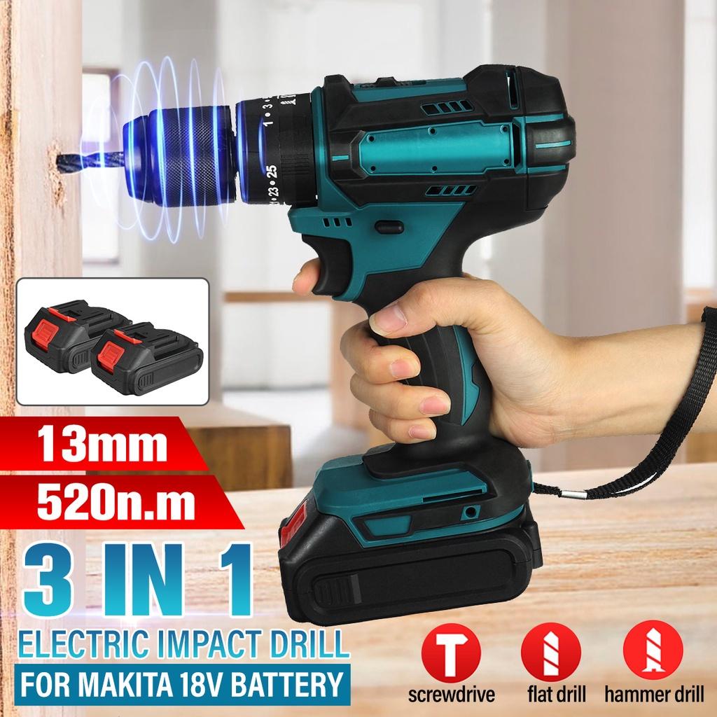520N.M 13mm 10mm Chuck Torque Electric Drill Flat Hammer Impact Drilling Electric Screwdriver for 18V Battery 3 IN 1