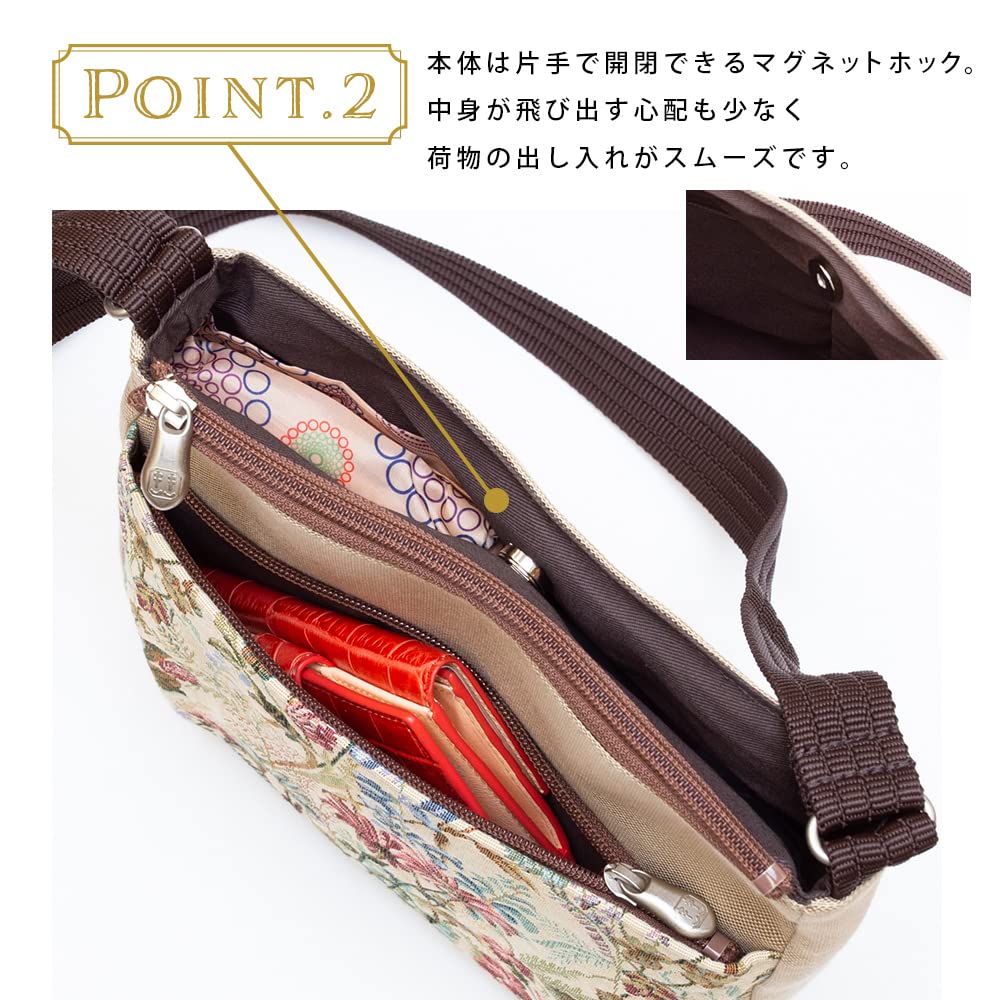 creare Kiki Women's Shoulder Bag, Lightweight, Crossbody, Multiple Pockets, Made in Japan, Kimono Style, Gobelin Weave Crepe, Mother's Day, Birthday