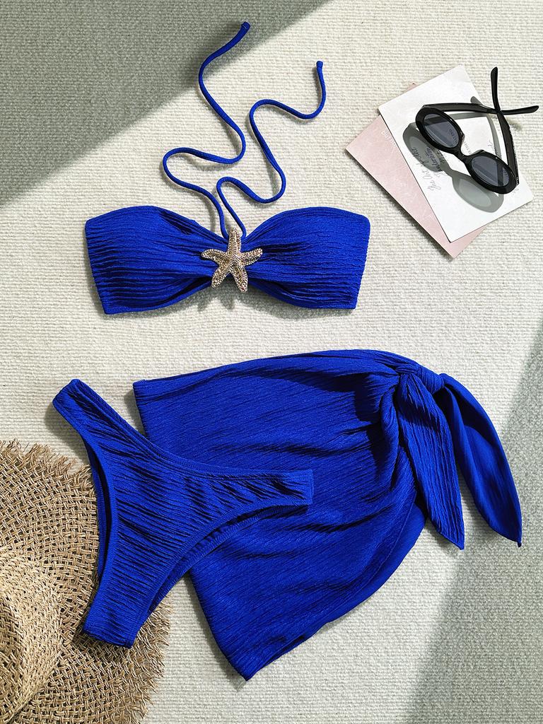 Women Three Piece Bikini Set Bandeau Top with Starfish Detail High Waist Bottom and Matching Cover Up Skirt Beachwear Swimwear