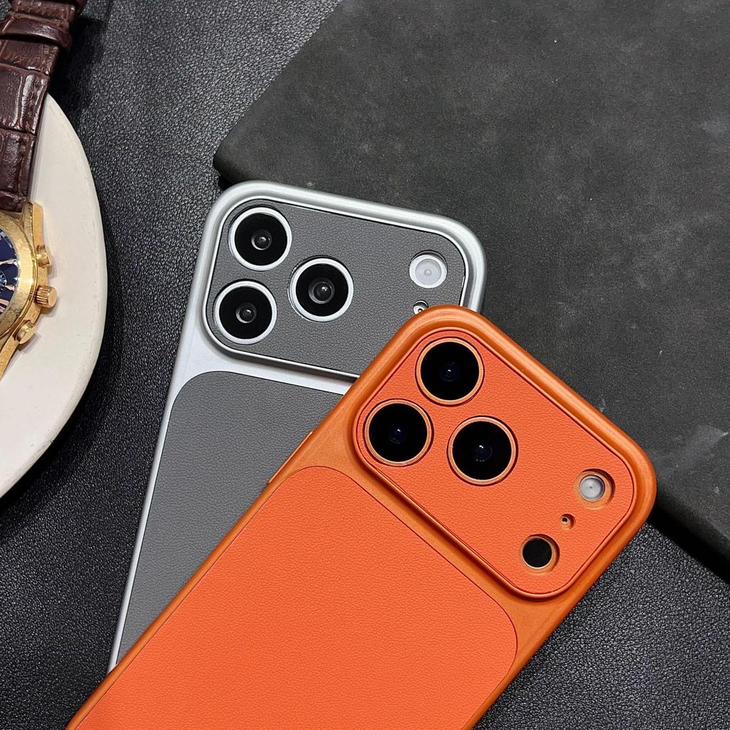 iPhone 17 Pro Max Leather Texture Phone Case with Large Window for Apple 16, Full Coverage Plain Leather.