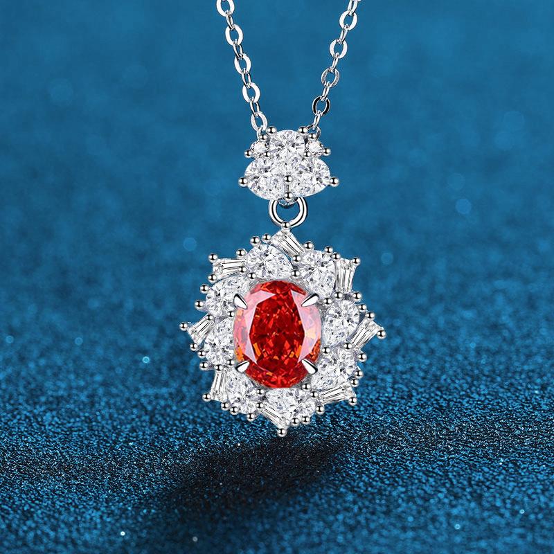 S925 Sterling Silver Necklace with Rose Red and Green Padparadscha Ice Flower Pendant - European & American Light Luxury Jewelry
