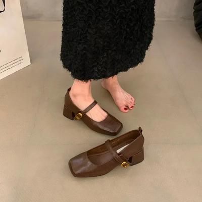 Design Retro Styl Silný podpatek Ženy Hranatá špička Boty Mary Jane Móda Mělké Boty z PU kůže Dámské Pohodlné Lodičky do kanceláře