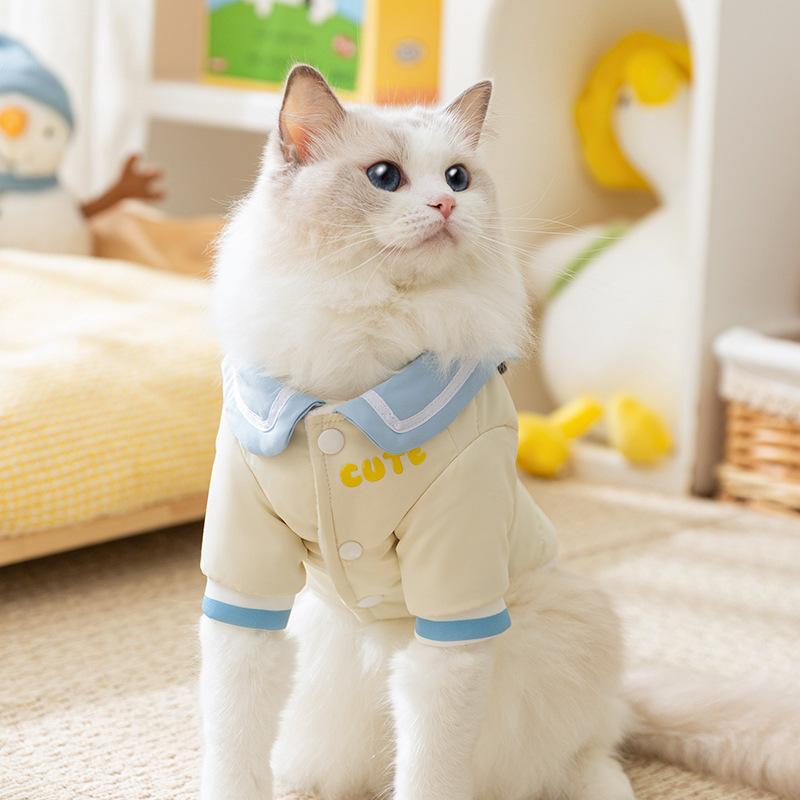 Autumn and Winter Cat Clothes Hairless Cat Puppet Warm Thickened Navy Collar Three-dimensional Ear Cotton Coat Dog Pet Clothing