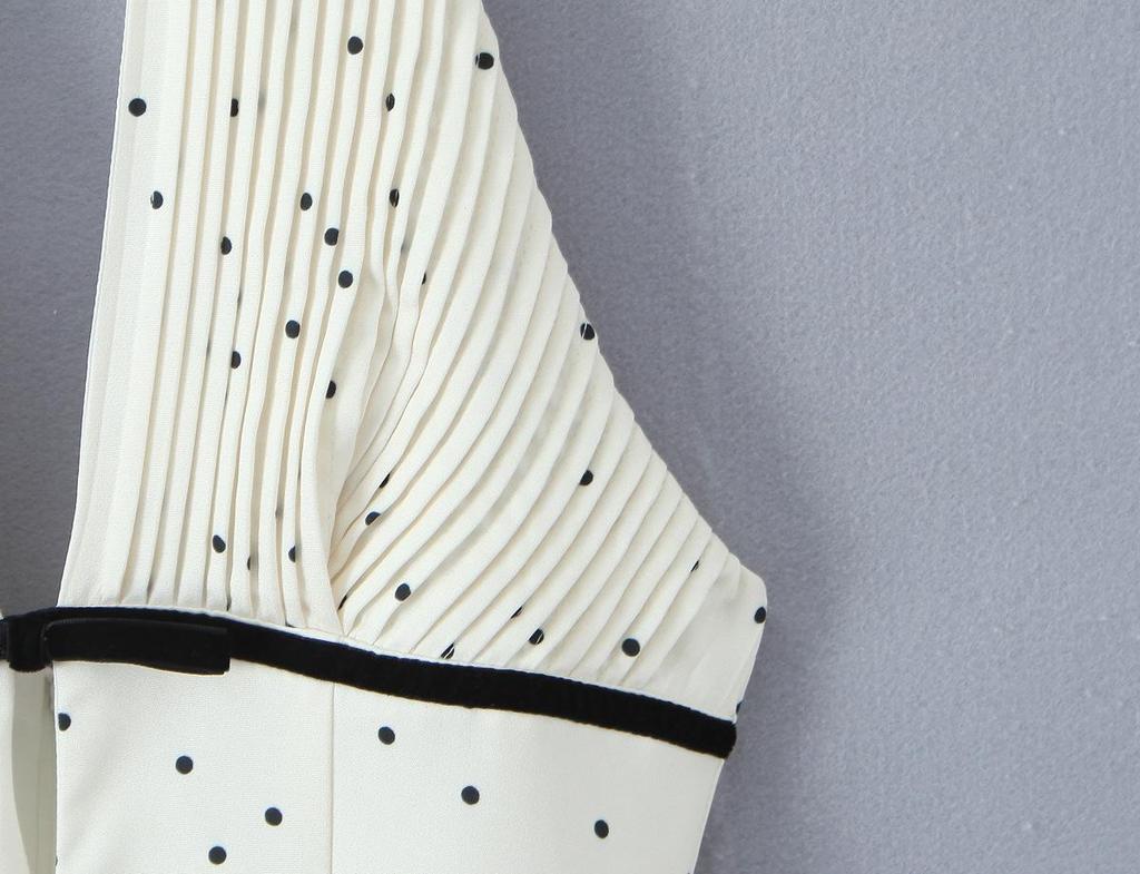 White Polka Dot Halter V-Neck A-Line Dress with Cutout Waist