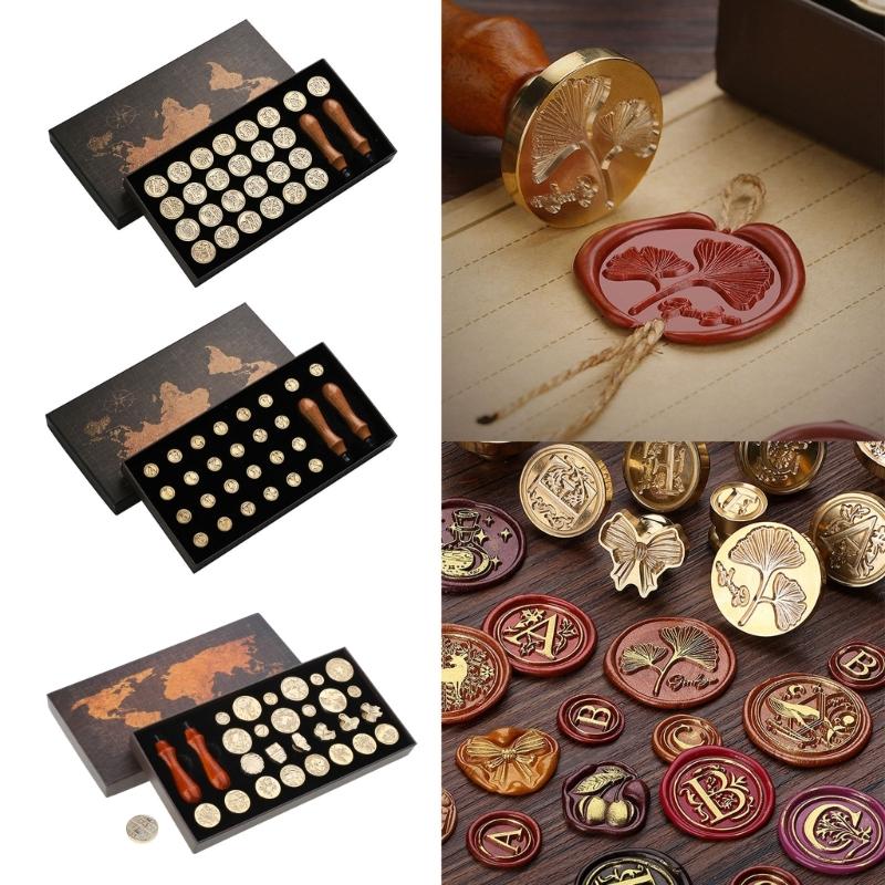 Wax Seal Stamp Gift Box Set 26 Letters Sealing Wax Stamps with 2pcs Wooden Handles Wax Stamp Kits for Cards Envelopes