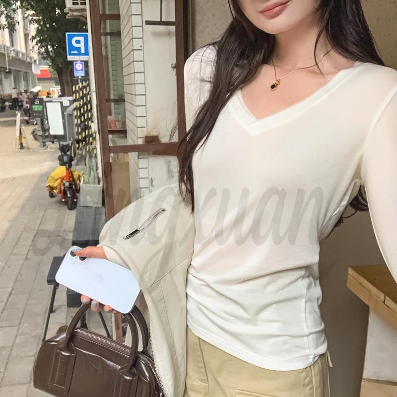 

Women s V-Neck Lyocell Tencel Wool Long Sleeve Base Layer T-Shirt - Spring 2026 Slim Fit Extra Large белый
