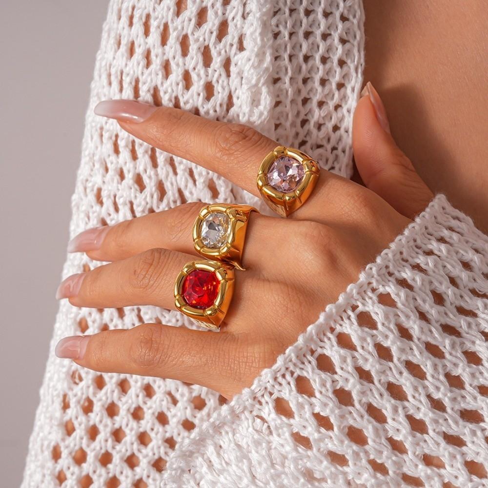 Stainless Steel Square Crystal Ring Zircon Exaggerated Ring  Gift for Girlfriend