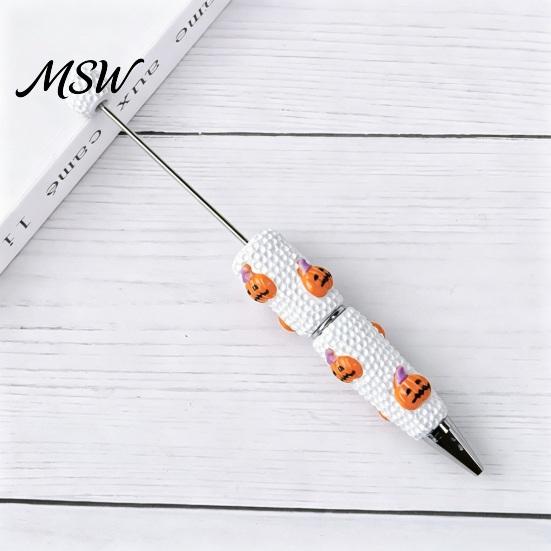 Cartoon Ghost Writing Pens Halloween Rhinestone Beadable Pen, DIY Sparkly Cat Pumpkin Plastic Beaded for Crafts Glitter Black Ink Ballpoint Pen Making