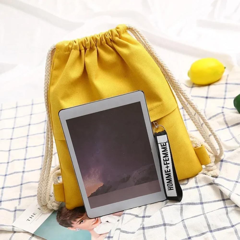 Student Canvas Bag Drawstring Style Backpack Solid Color Simple Cloth Bag Bundle Pocket Casual Bag for Men and Women Portable