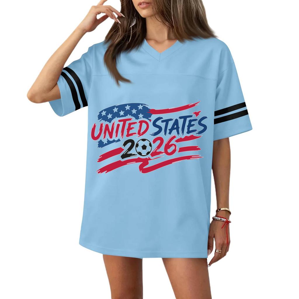 Women’s Casual V Neck Short Sleeve Soccer Jersey Top with States Flag and 2026 Football Graphic Print for Sports and Wear