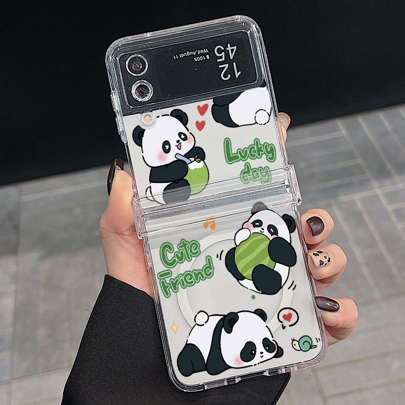 3 STÜCKE Faltbare Stoßfeste Hülle für Samsung Z Flip6 Flip5 Flip4 für Magsafe Magnetisch Cartoon Pandas Muster Transparent Hartes PC Slim Case Abdeckung