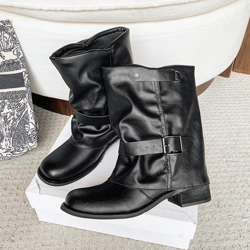 Fashion Pleated Buckle Knight Boots for Women Autumn Brown PU Leather Mid Calf Boots Woman Slip-On Thick Heel Riding Botas Mujer 2025