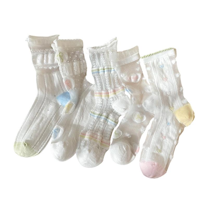 Spring and Summer Lightweight Socks - Cute Children's Butterfly Knot Ankle Socks with Rolled Edges and Transparent Silk Stockings
