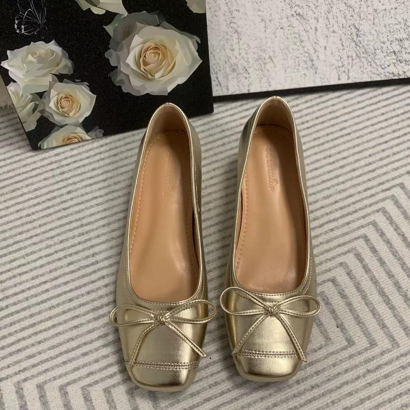 Spring Small 5CM Inner Height Increase Women's Shoes Square Head Bow Mary Jane Ballet Shoes Temperament Single Shoes