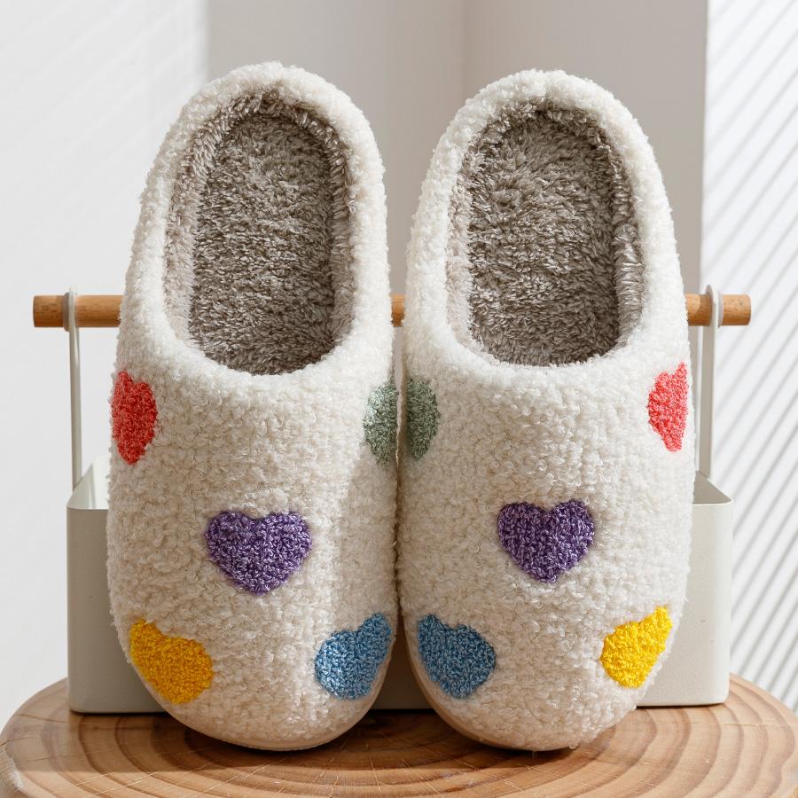 Cute Colorheart Women's Slippers Winter Warm Soft Bottom Comfortable Bedroom Exquisite Embroidery House Couple Girl Shoes