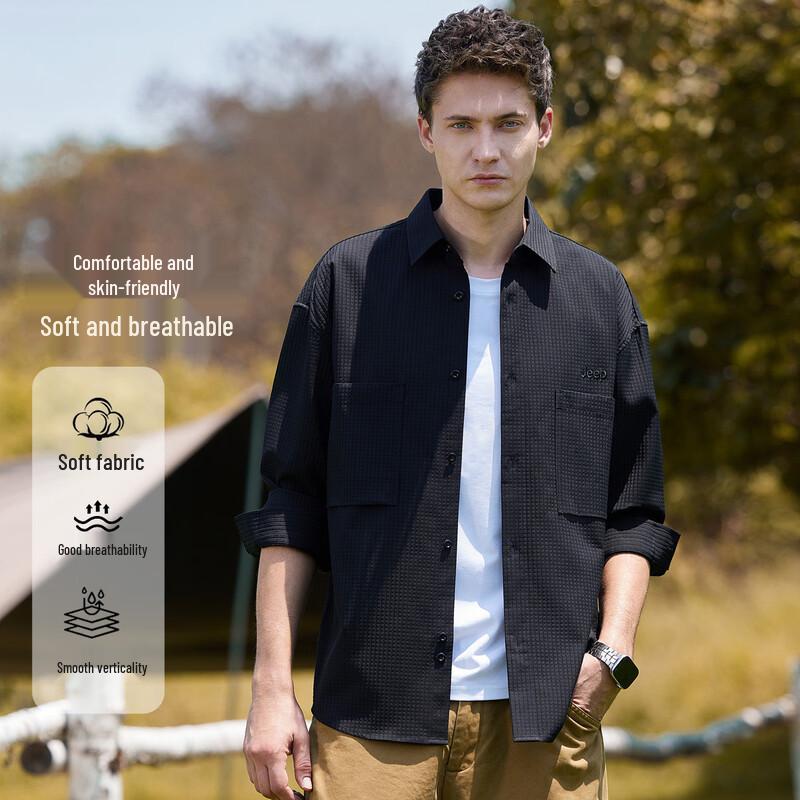 JEEP Men s Solid Color Long Sleeve Lapel Shirt L