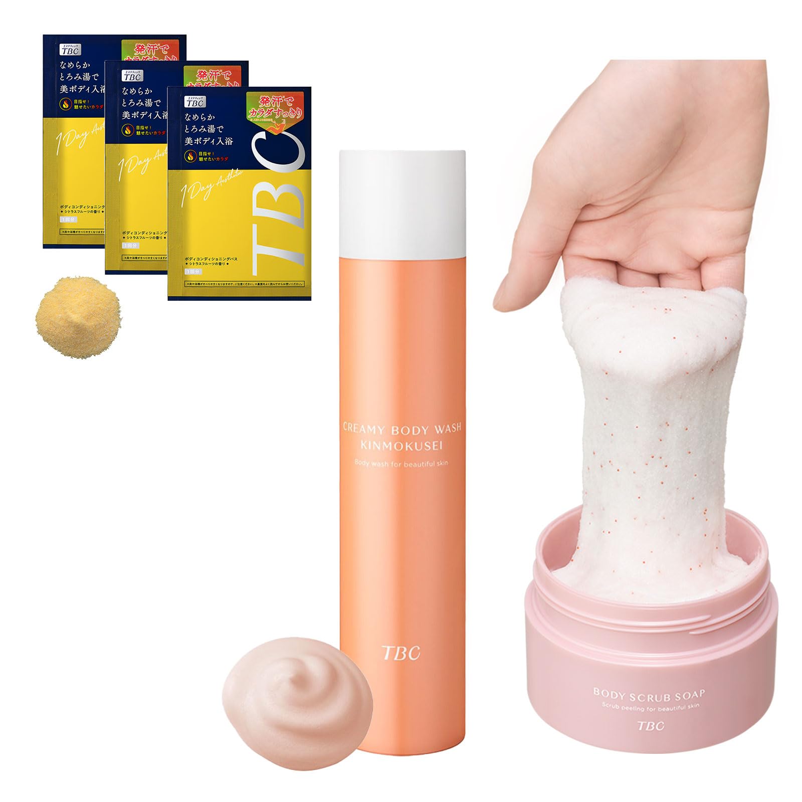 [Osmanthus] TBC Stretchable Bath Care Set [3-piece set (Body Scrub Soap, Creamy Body Wash Osmanthus, Body Conditioning Bath)]