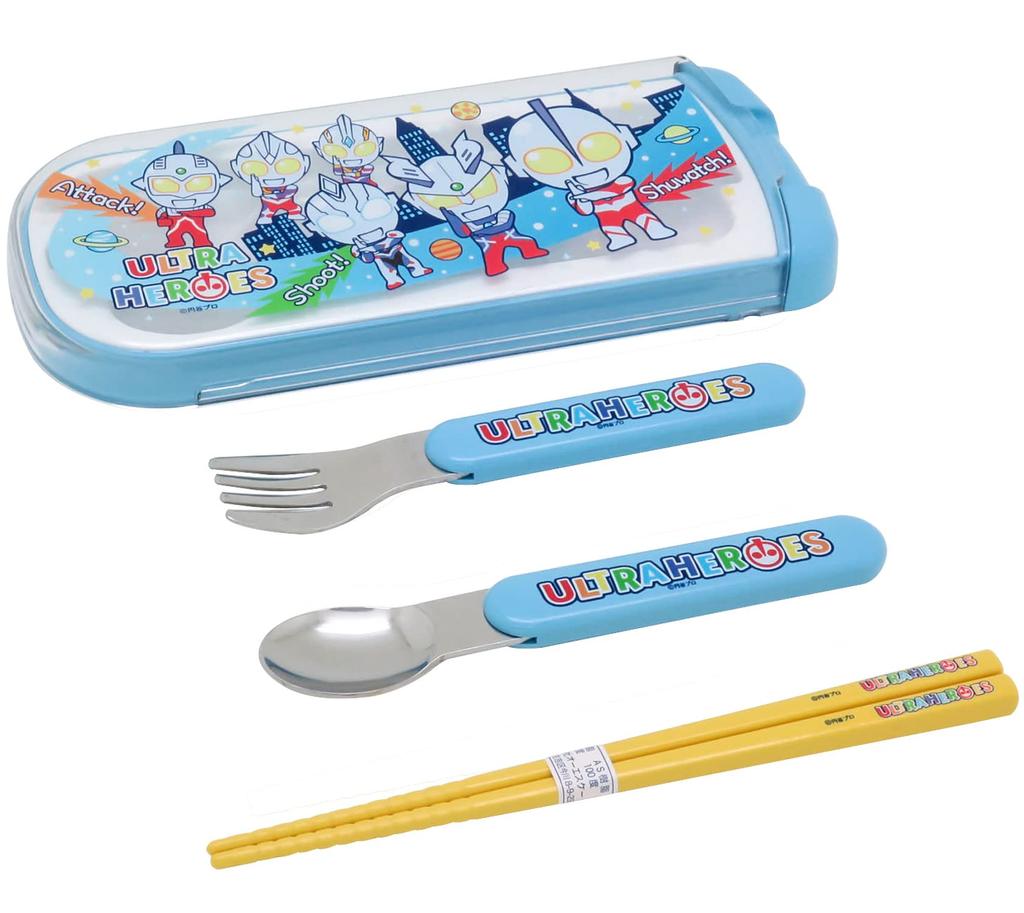 OSK Ultra Heroes Cutlery Made in Sliding Dishwasher Easy to Elementary School Set, Pull-Lid Trio, Chopsticks, Spoon, Fork, Japan, Design, Safe, Use,