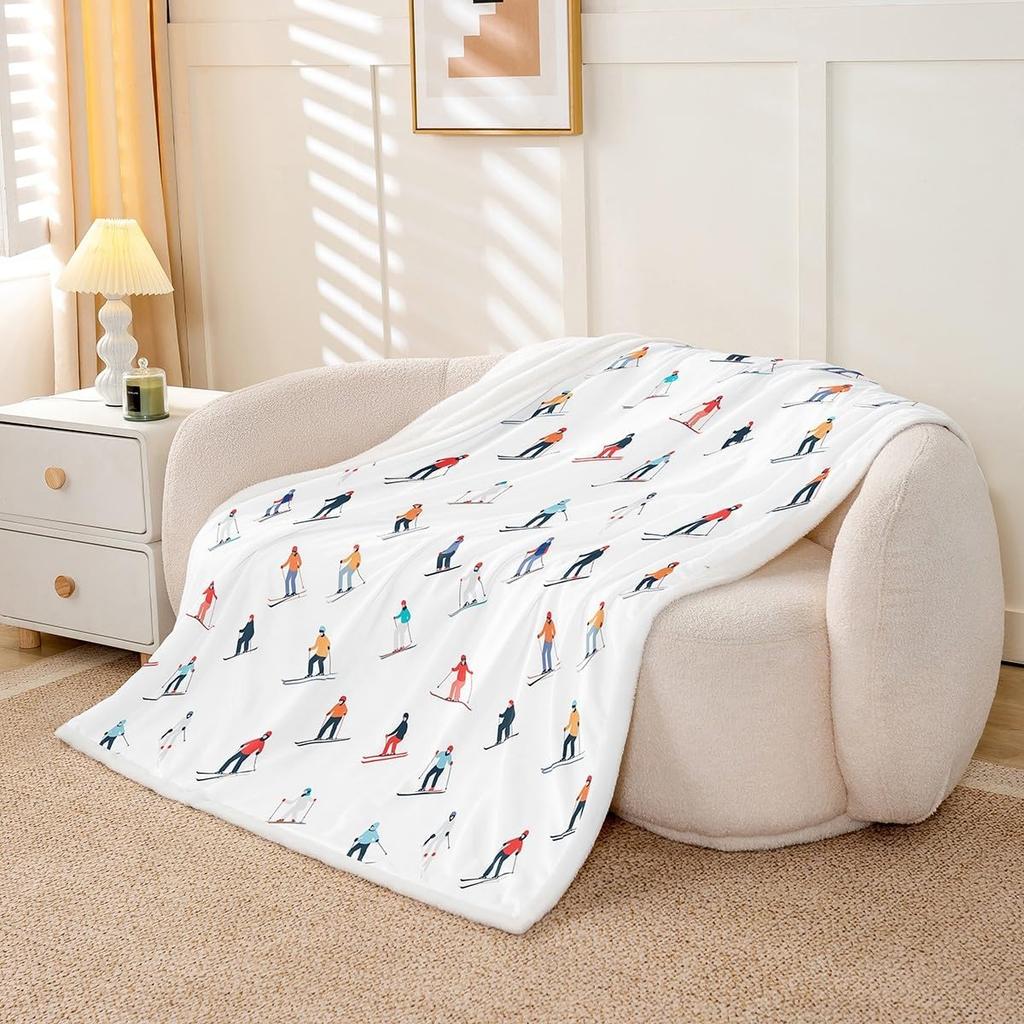 Skiing people pattern blanket winter sports design soft throw cozy home decor mountain adventure print bedroom wall hanging