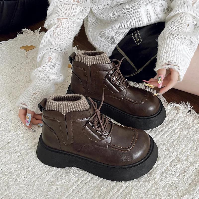 

Fashion Wool Tube Matching Riding Boots Women 2024 New Winter Muffin Bottom Increase Platform Socks Boots 41 коричневый