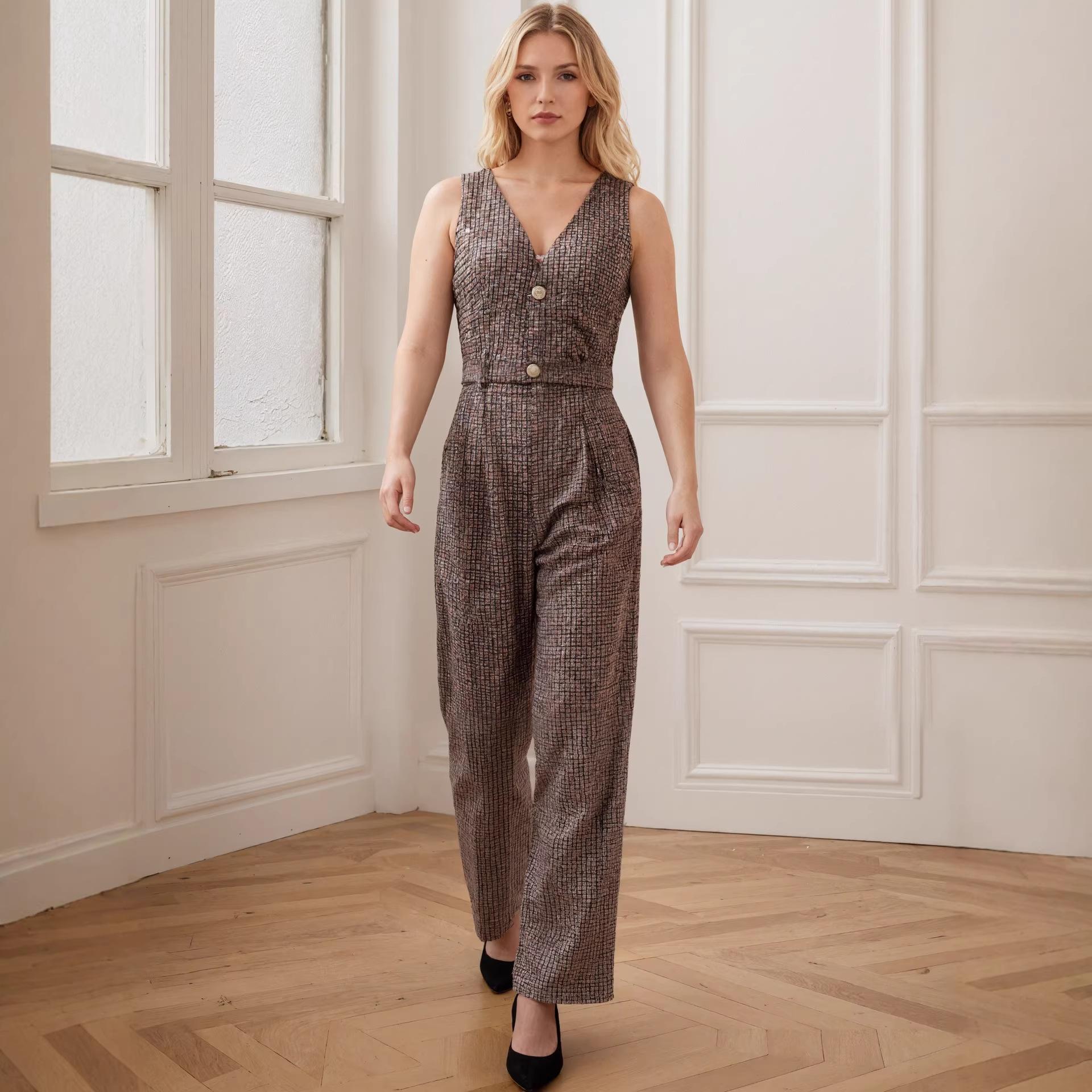 Women s Fashion V-Neck Sleeveless Stacked Women s Jumpsuit Autumn and Winter Fashion Clothing Thousand Birds Jumpsuit S