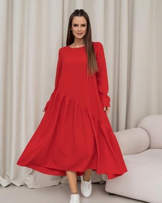 Κόκκινο φόρεμα με ασύμμετρο βολάν ISSA PLUS