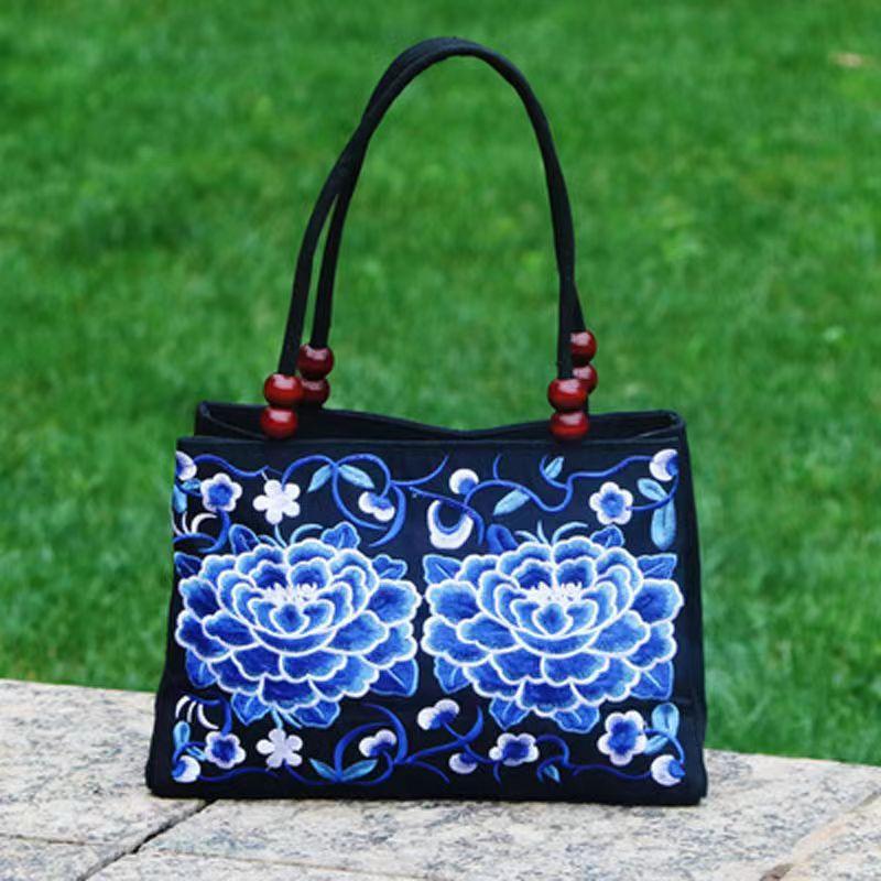 1Pc Ethnic Style Double-sided Embroidered Handbag, Wooden Bead Accessories Double Zipper Portable Canvas Bag Portable Mobile Phone Wallet