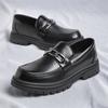 Mens Leather Metal Buckle Loafers Breathable Thick Soled Business Round Toe Leather Shoes Slip on Wedding Shoes Casual for Male