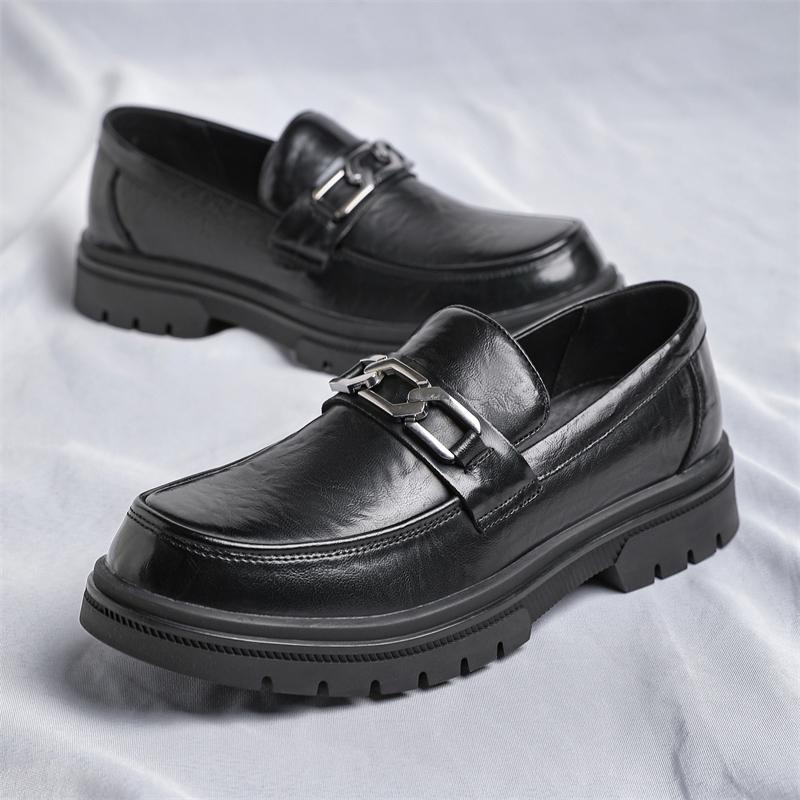 Mens Leather Metal Buckle Loafers Breathable Thick Soled Business Round Toe Leather Shoes Slip on Wedding Shoes Casual for Male