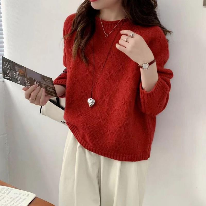 Shoulder sleeves simple small crochet pullover sweater women's crew neck curled edge autumn and winter new loose solid color knitted sweater