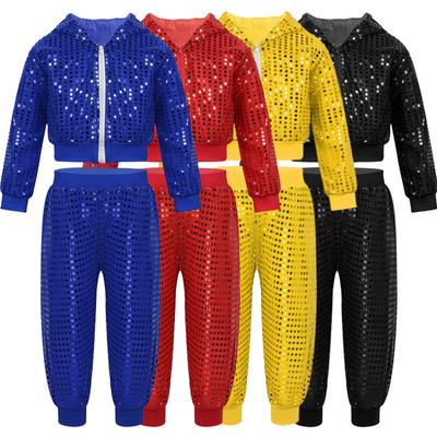 Kids Boys Girls Shiny Hip Hop Jazz Street Dance Outfits Jacket Coat Hooded Tops Sweatpants Set Performance Costume