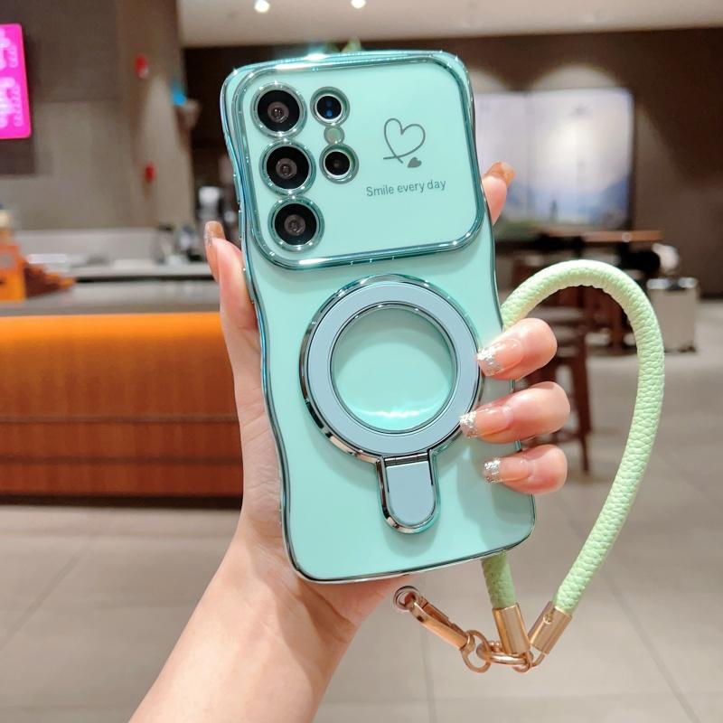 Wavy Frame Wrist Strap Phone Case for Samsung Galaxy S22 S23 S24 S25 Ultra Plus Edge A55 A54 A56 A36 A24 Silicone Soft Protective Cover Magnetic Stand