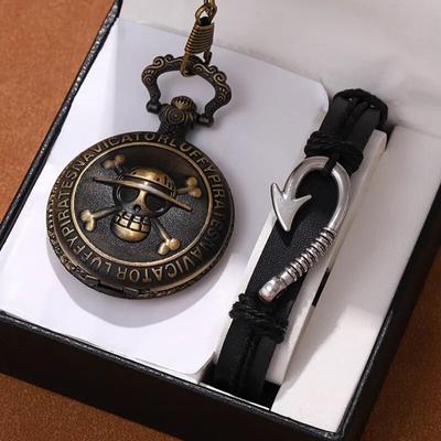 1PC Retro Punk Pirate Captain Double Knife Quartz Pocket Watch with Necklace Chain Pendant Bracelet Gift for Male Men Vintage Clock