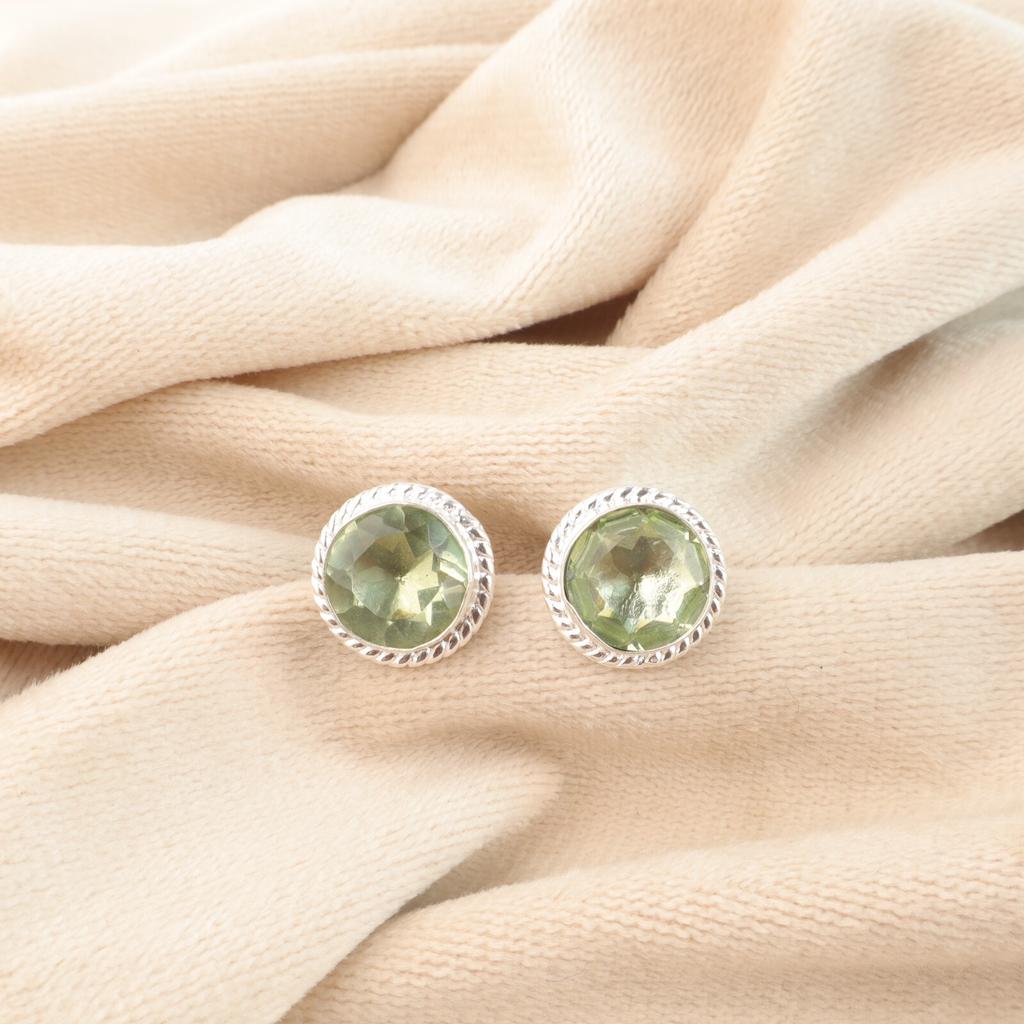 Green Amethyst Gemstone 925 Sterling Silver Jewelry Handmade Stud Earrings 0.53" EE-147-1