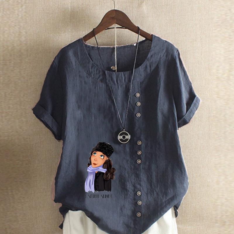 Damen Neue Mode Leinenhemd Rundhalsausschnitt Kurzer Ärmel Schal Mädchen Bedrucktes T-Shirt Sommer Damen Freizeit Große Größen Blusen Oberteile