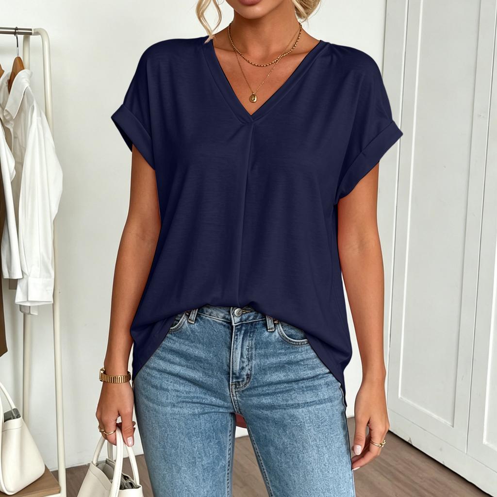 Women's Summer Short Sleeve Top V Neck Back Pleated Detail Lightweight Blouse Casual Loose Fit Shirt for Daily Wear